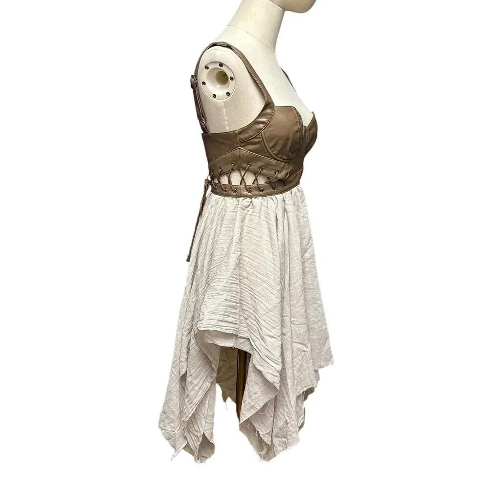 Dolls Kill XXS Darker Wavs Handkerchief Dress Brown Vegan Leather Asymmetrical - Picture 3 of 6